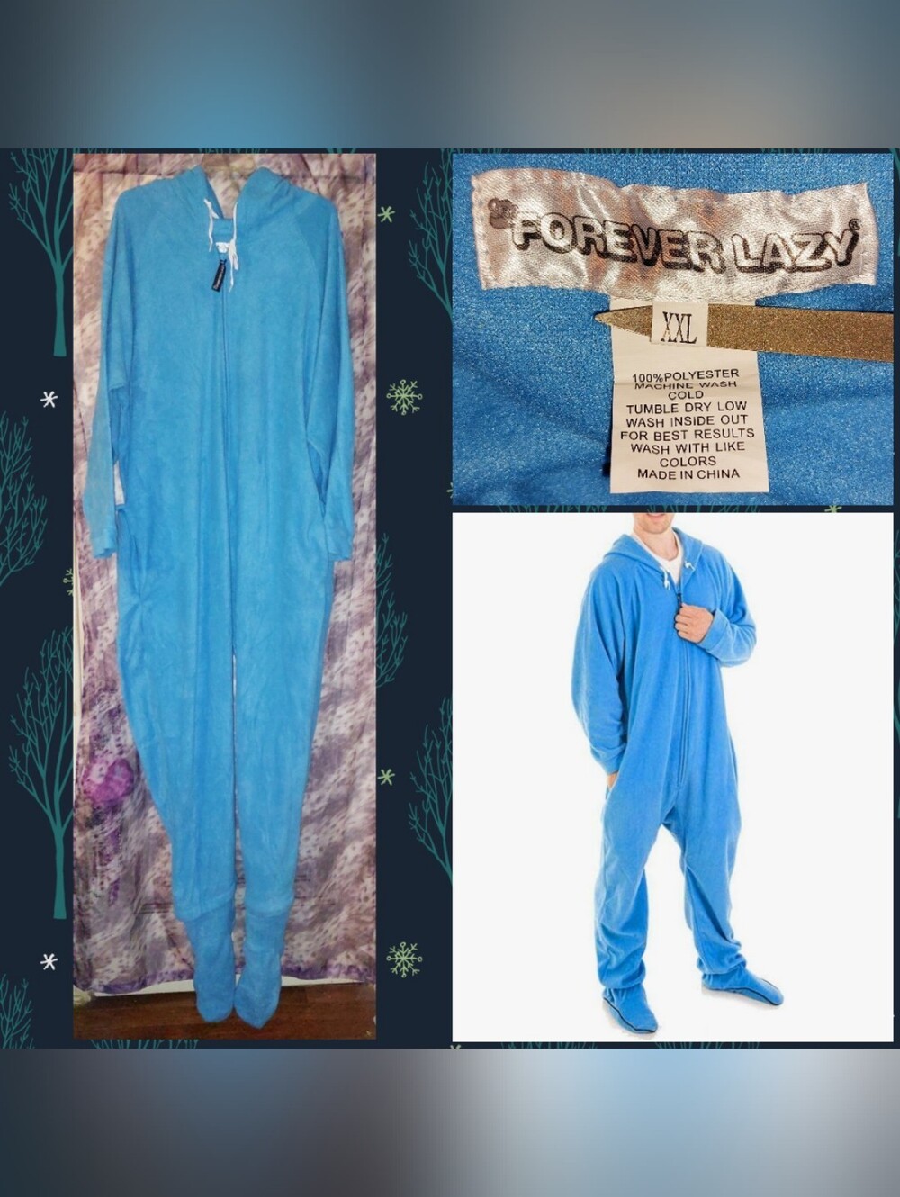 Forever Lazy brand Lt Blue Soft Fleece Adult Footie Onesie Pajamas w/Hood Sz XXL